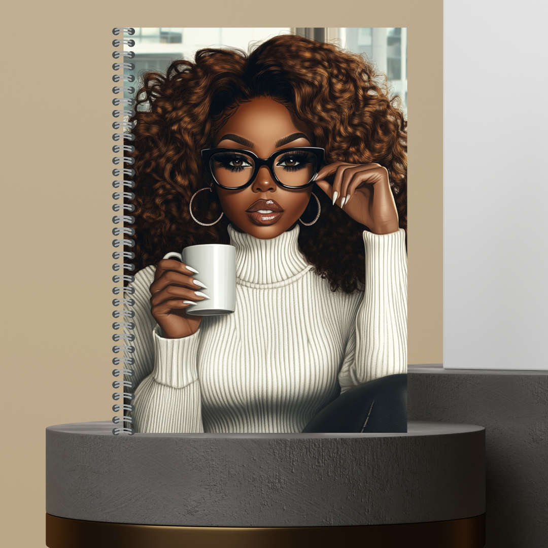 57. [Made to Order] The Black Queen Mug Melanin Character Journals with Stylish Curly Hair and Bold Glasses Design