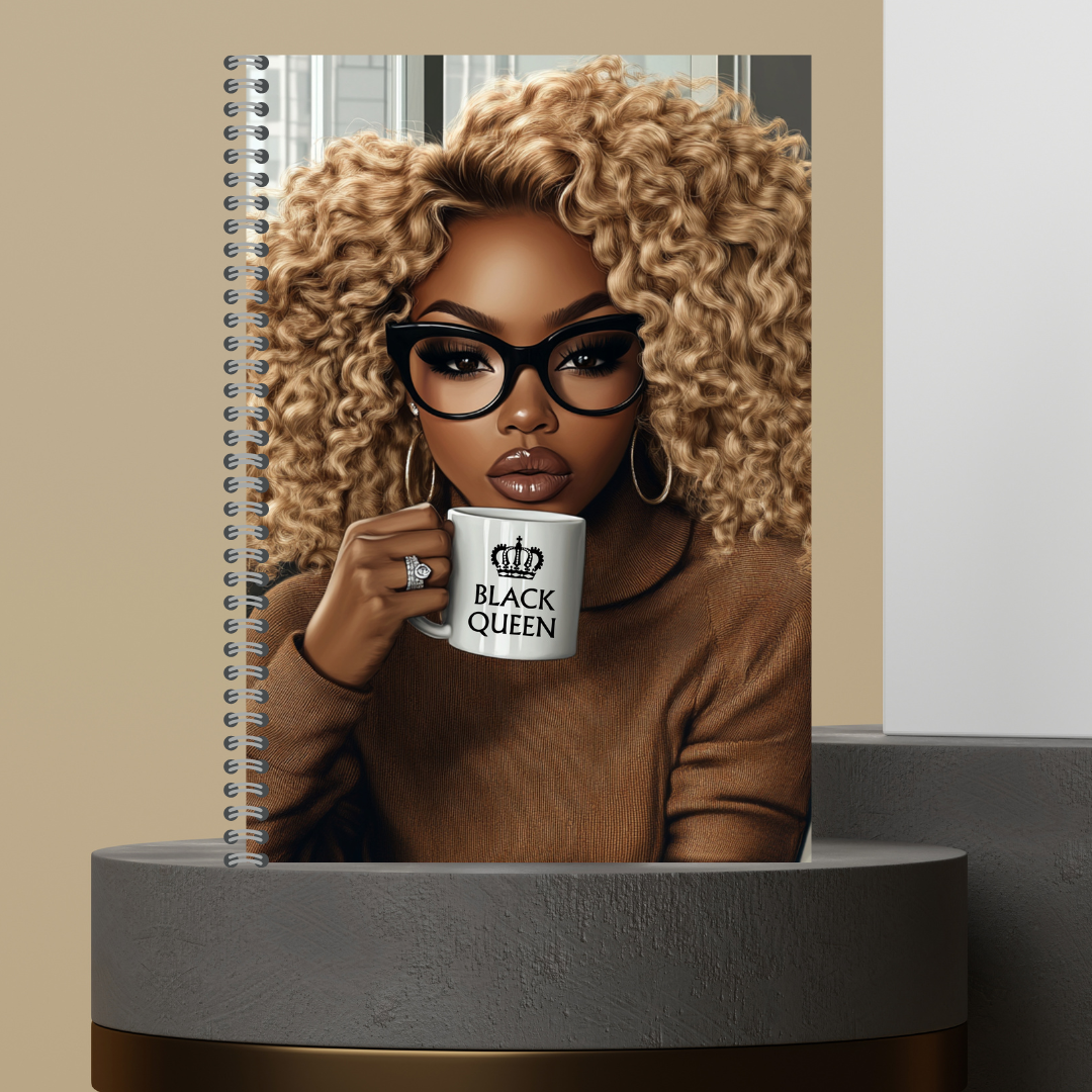 57. [Made to Order] The Black Queen Mug Melanin Character Journals with Stylish Curly Hair and Bold Glasses Design