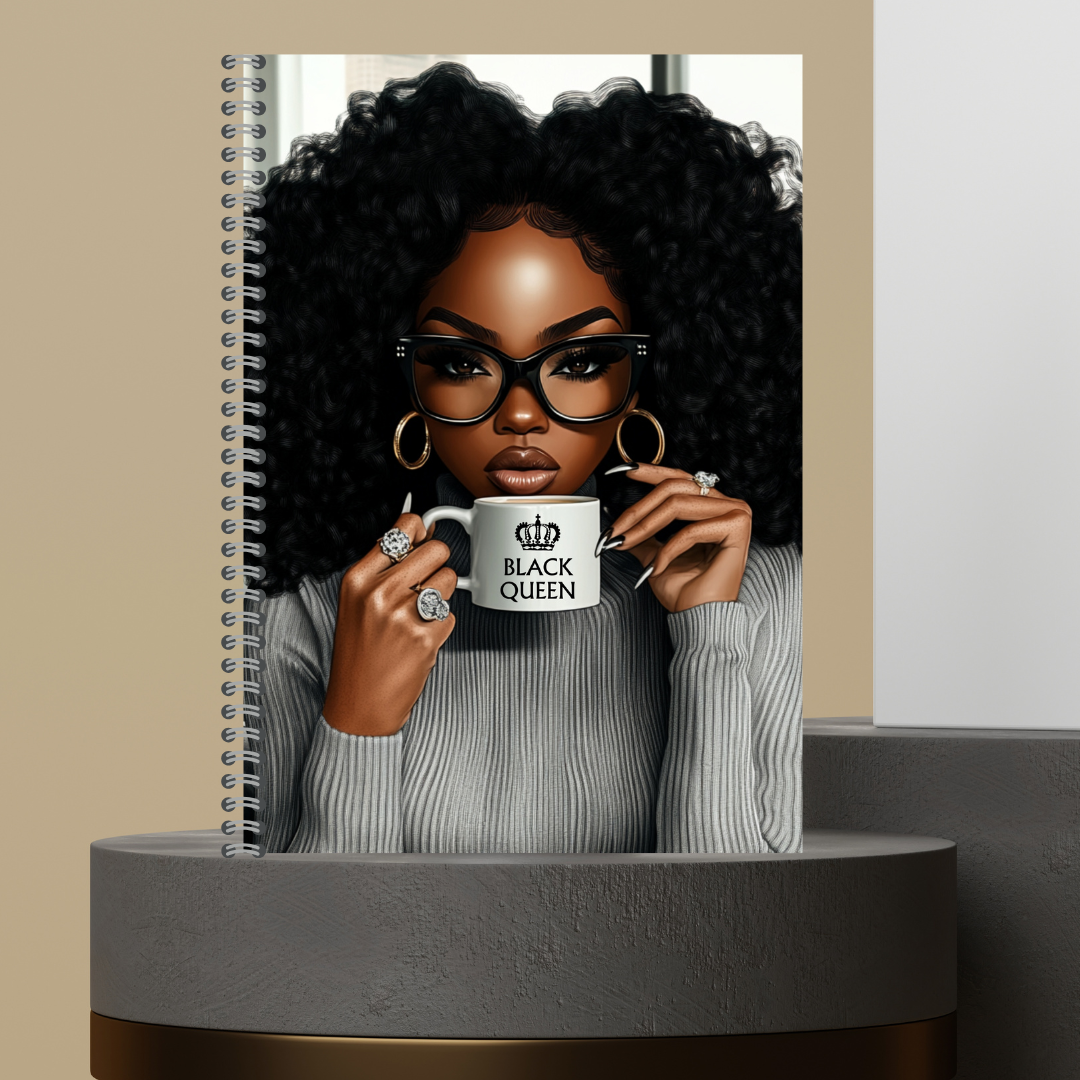 57. [Made to Order] The Black Queen Mug Melanin Character Journals with Stylish Curly Hair and Bold Glasses Design