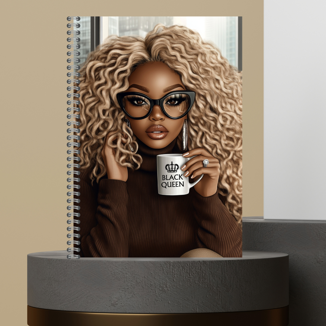 57. [Made to Order] The Black Queen Mug Melanin Character Journals with Stylish Curly Hair and Bold Glasses Design