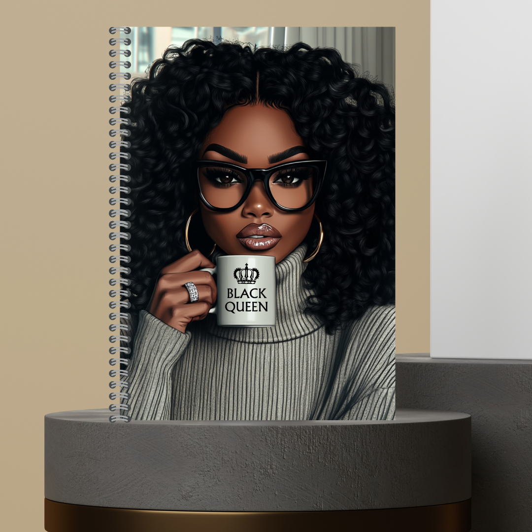 57. [Made to Order] The Black Queen Mug Melanin Character Journals with Stylish Curly Hair and Bold Glasses Design