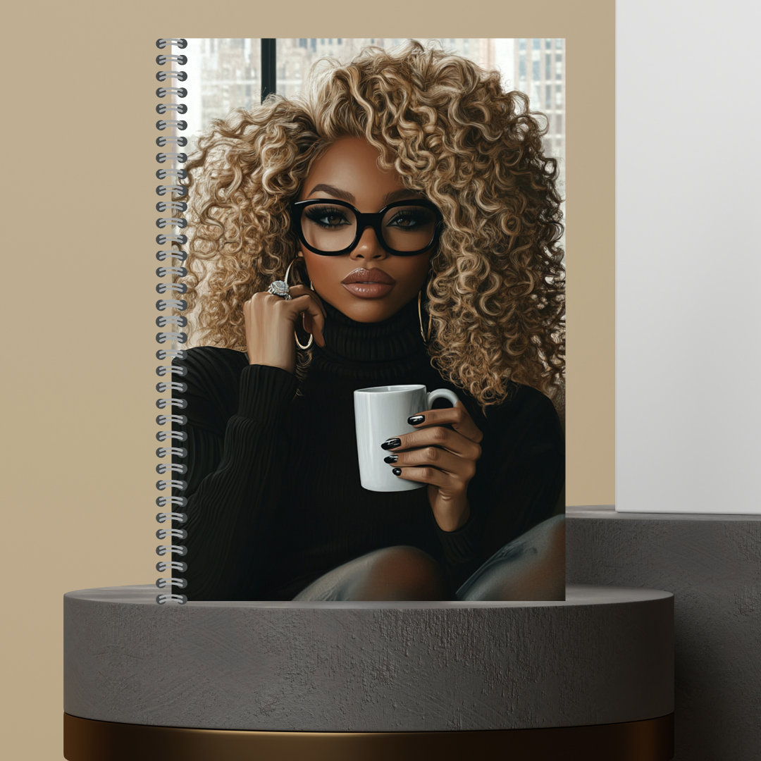 57. [Made to Order] The Black Queen Mug Melanin Character Journals with Stylish Curly Hair and Bold Glasses Design