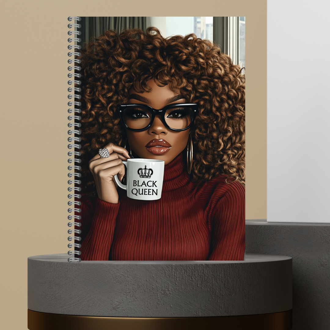 57. [Made to Order] The Black Queen Mug Melanin Character Journals with Stylish Curly Hair and Bold Glasses Design