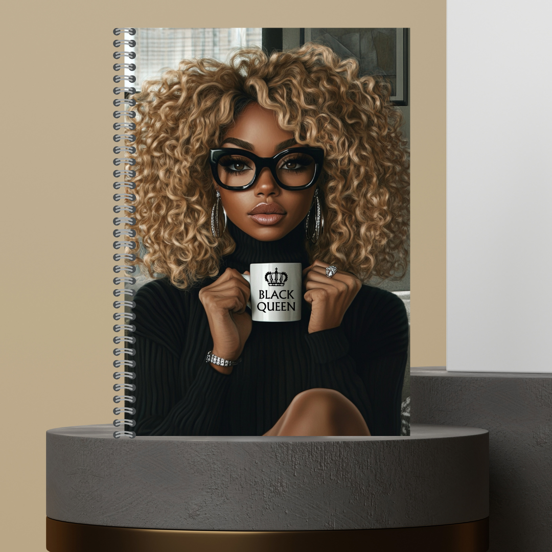 57. [Made to Order] The Black Queen Mug Melanin Character Journals with Stylish Curly Hair and Bold Glasses Design