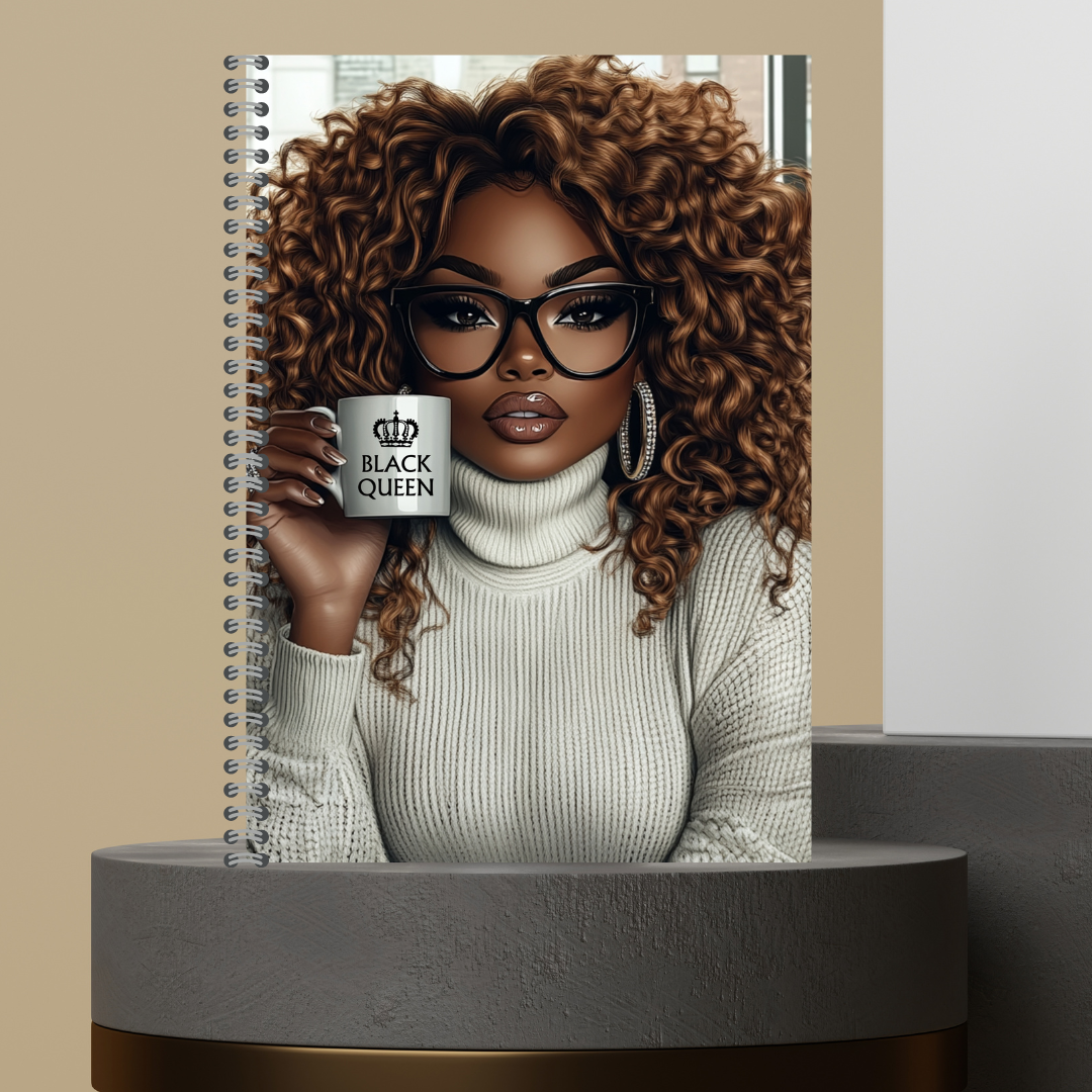 57. [Made to Order] The Black Queen Mug Melanin Character Journals with Stylish Curly Hair and Bold Glasses Design