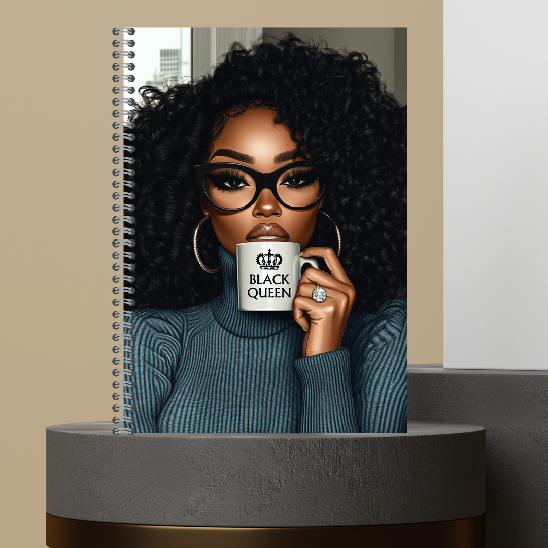 57. [Made to Order] The Black Queen Mug Melanin Character Journals with Stylish Curly Hair and Bold Glasses Design
