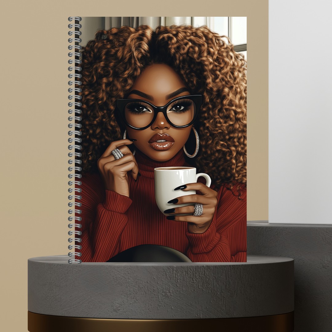 57. [Made to Order] The Black Queen Mug Melanin Character Journals with Stylish Curly Hair and Bold Glasses Design